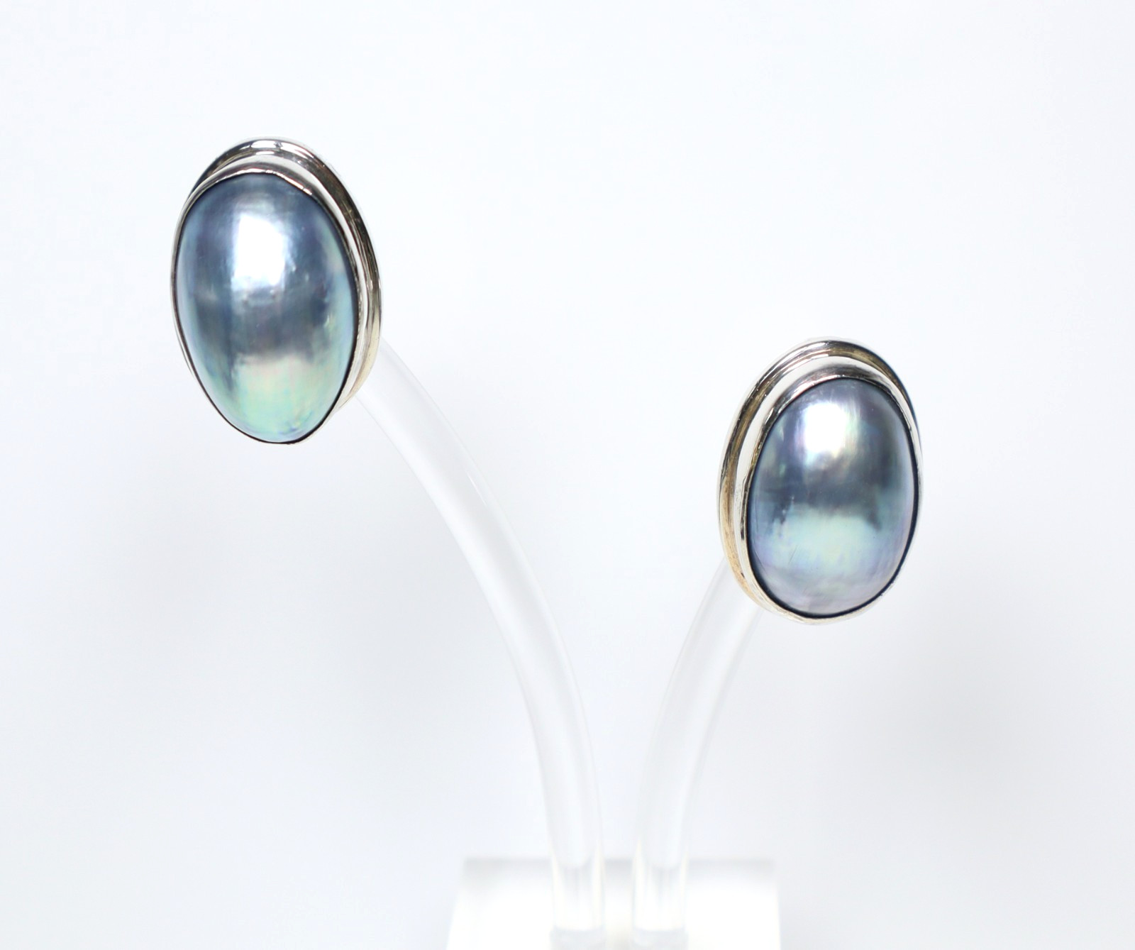 Vintage Blue Mabe Pearl 925 Sterling Silver Stud Post Earrings Large Oval Shape