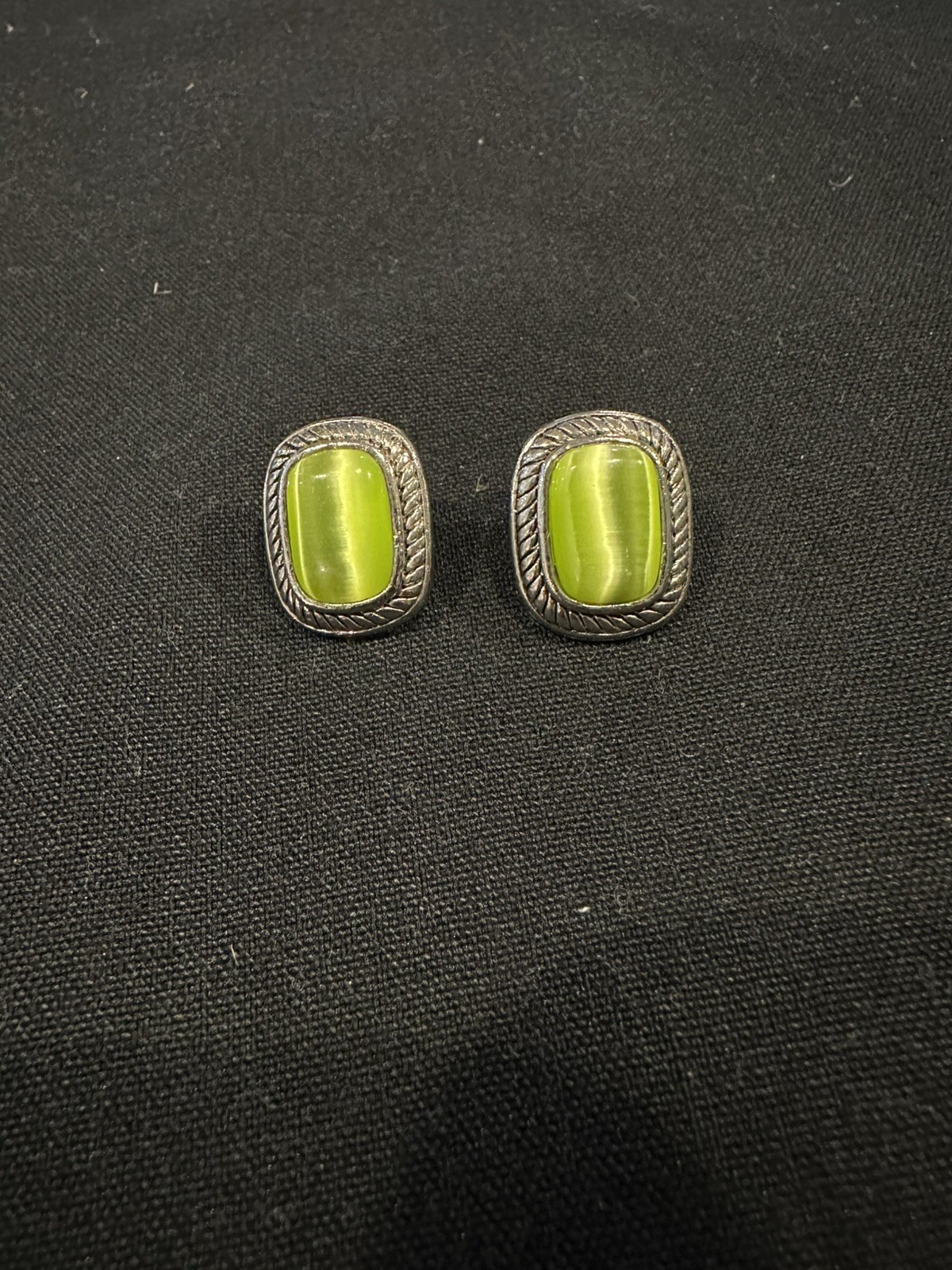 Beautiful Vintage Filigree Silver-Toned with Lime Green Cats Eye Cabochon Stones