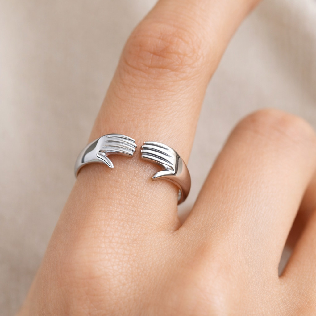 925 Sterling Silver Open Hands Ring | Adjustable Minimalist Statement Jewelry