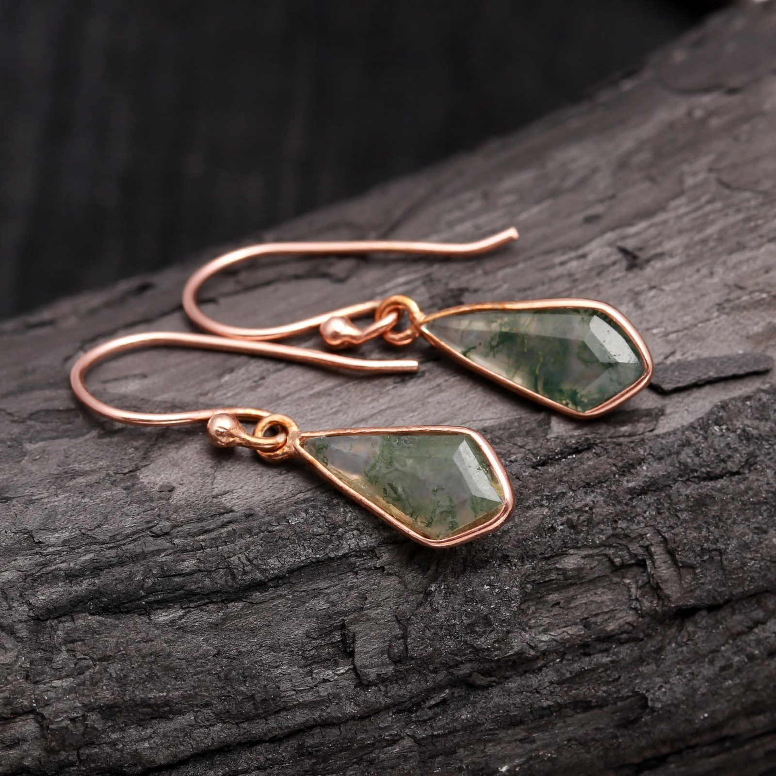Natural Moss Agate Kite Dangle Earrings Rose Gold Plated Solid Silver Jewelry