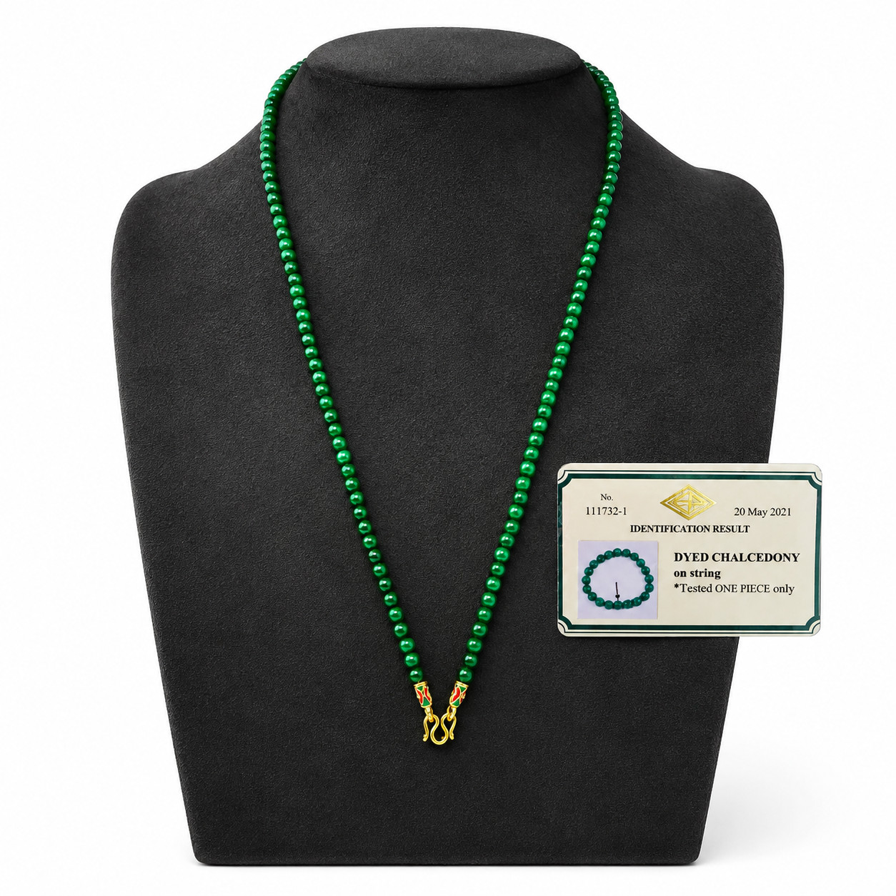 Bead Necklace Green Dyed Chalcedony Gemstone Round 4mm. Beads Gold Clasp 26 Inch