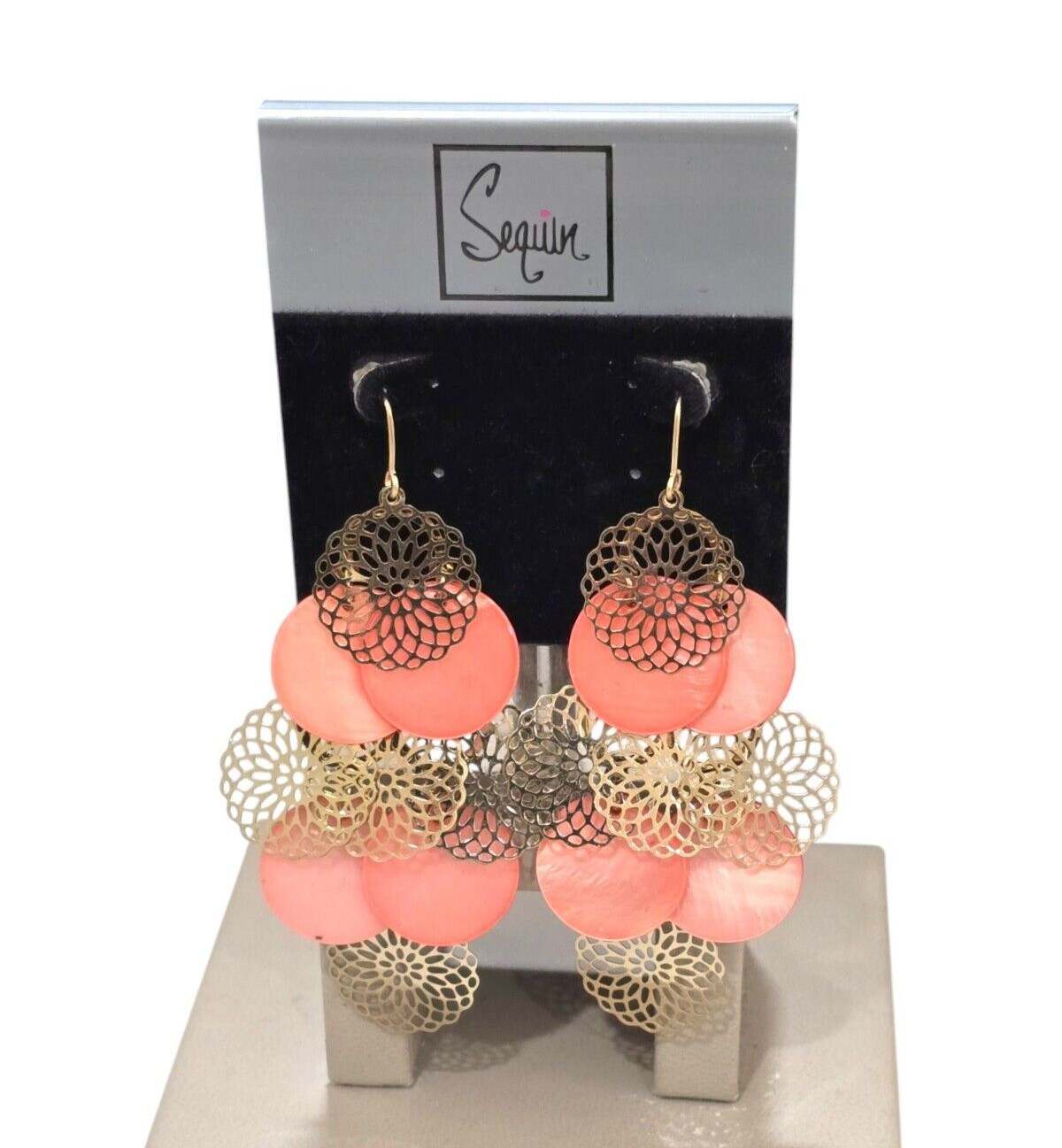 Sequin Women’s Gold Plated Orange Shell Hook Chandelier Earrings NWT