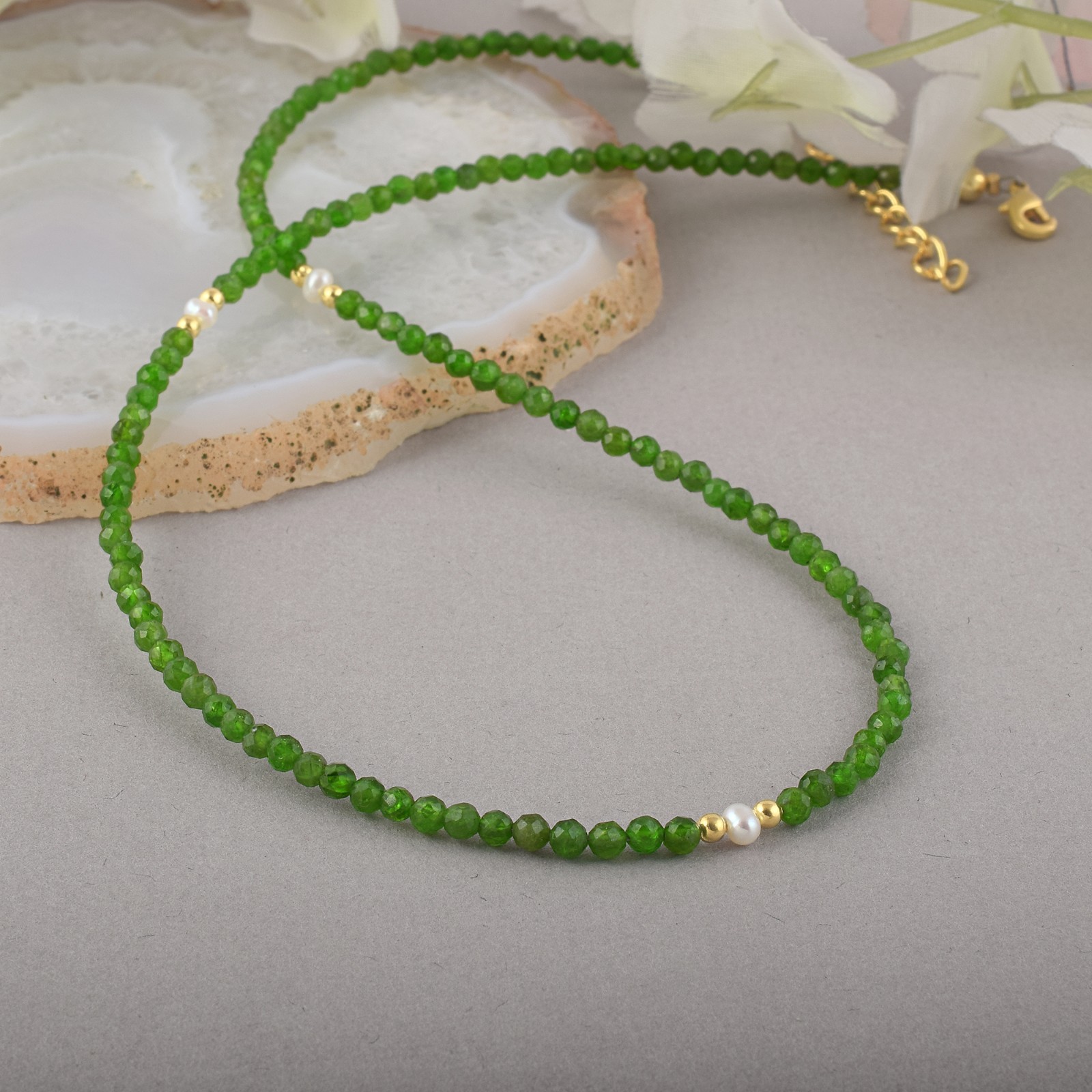 Handmade Natural Chrome Diopside 3mm Beaded Minimalist Necklace 925 Silver 18″