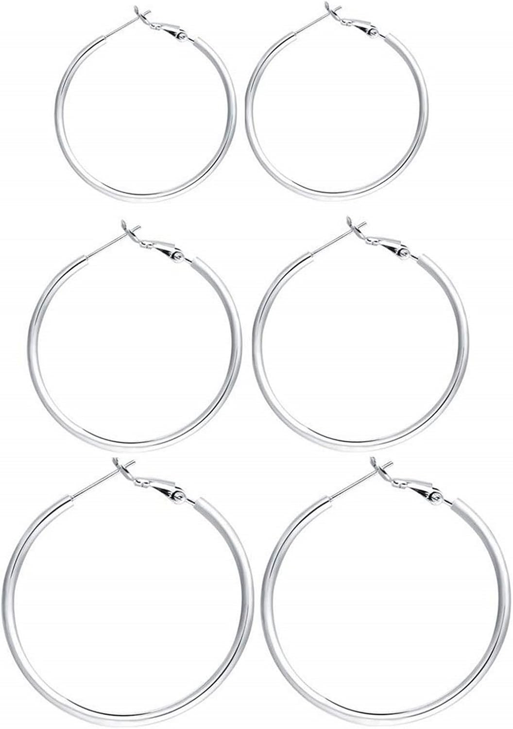 3 Pairs Sterling Silver Hoop Earrings, 14K White Gold Plated Big Hoop Earrings S