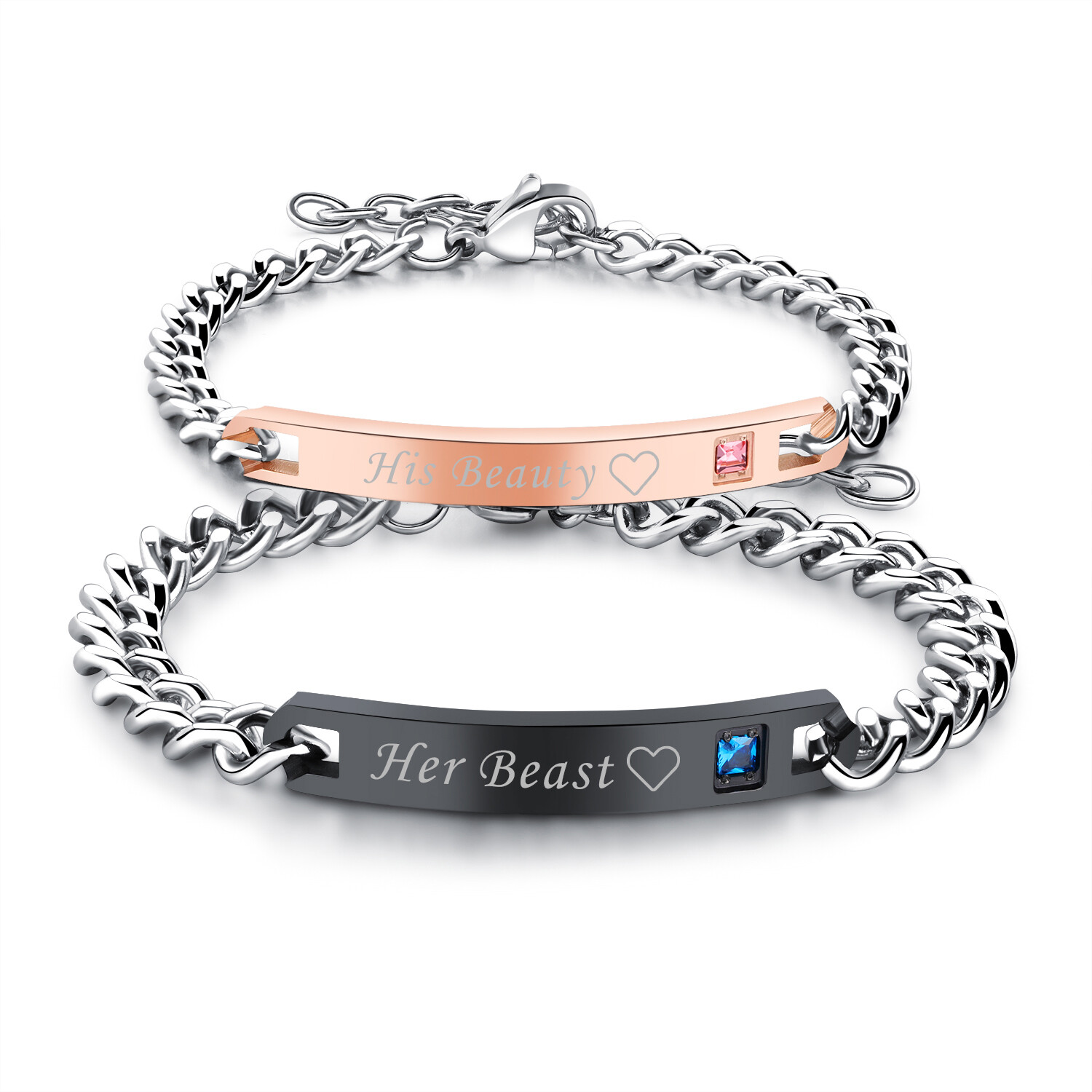 2Pcs/Set Men Women Stainless Steel CZ Rosegold Black Couple Bracelet Bangle Gift