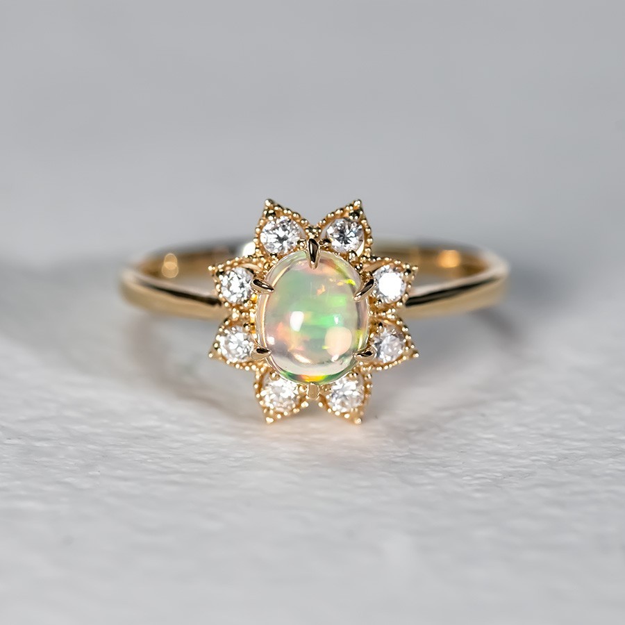 Sunflower Fire Opal Diamond Engagement Ring 14K Yellow Gold