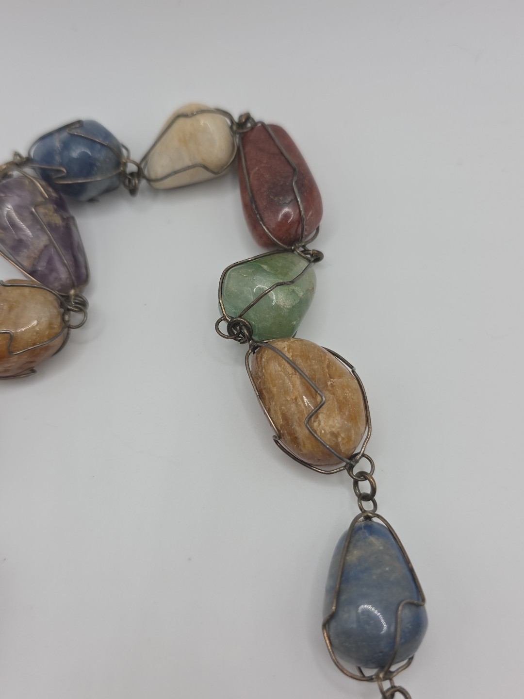 Vintage Sterling Silver 925 Tumbled Stones Wire Cage Necklace 20″ 114g