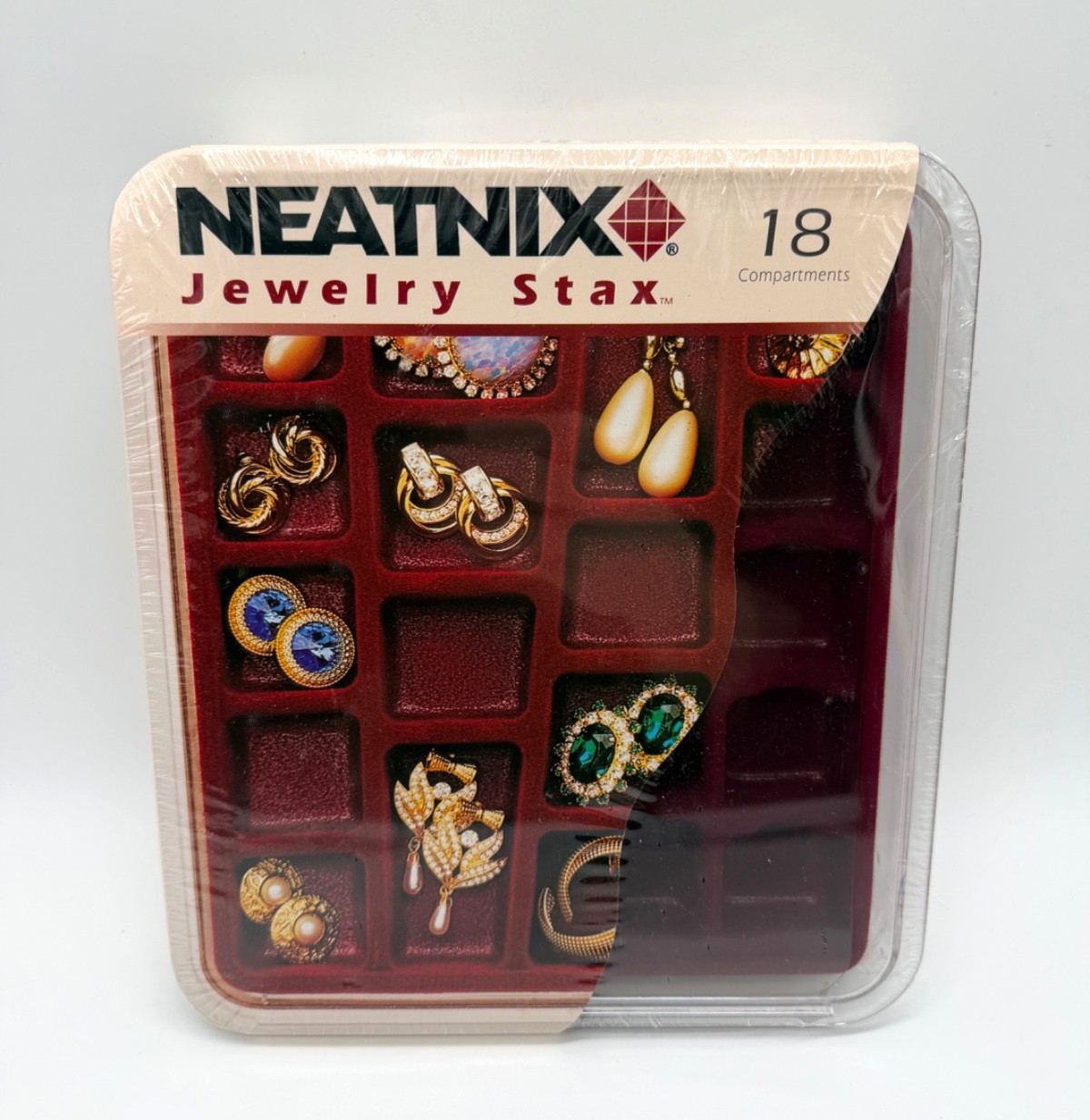 New NEATNIX Jewelry Stax 18 Compartment Slots Burgundy Red Drawer Organizer