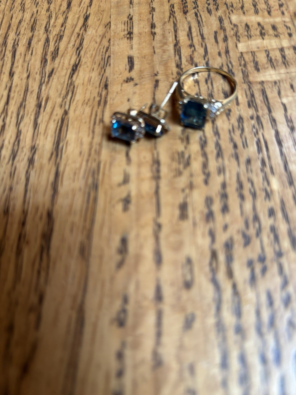 14k Yellow Gold- Blue Topaz And Diamond Ring And Earring Set
