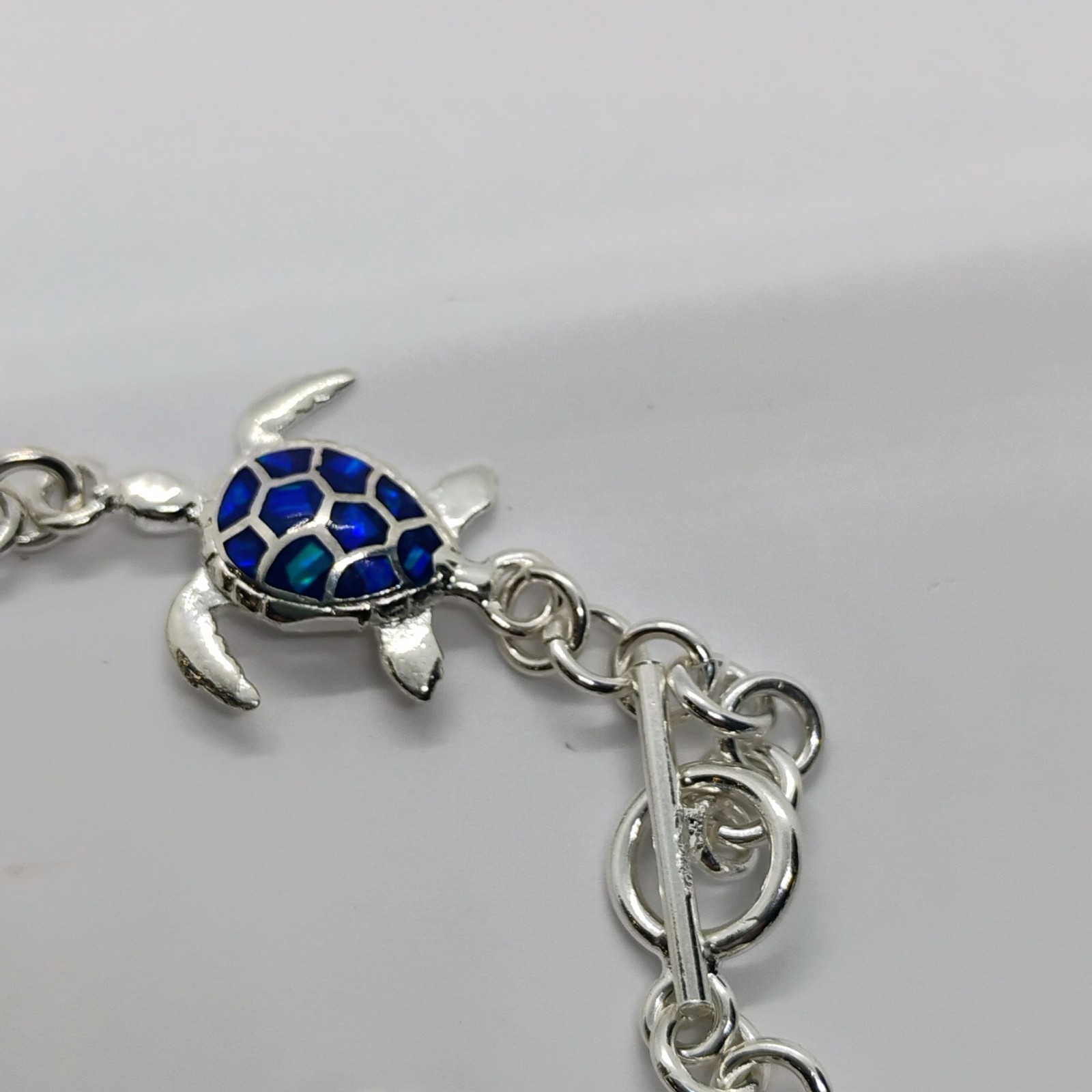 Sterling Silver Blue Lab Opal Inlay Sea Turtle Link Bracelet Toggle Clasp Size 7