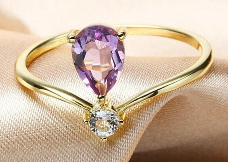 Pear Cut Simulated Purple Amethyst Stunning Wedding Ring 14k Yellow Gold Plated