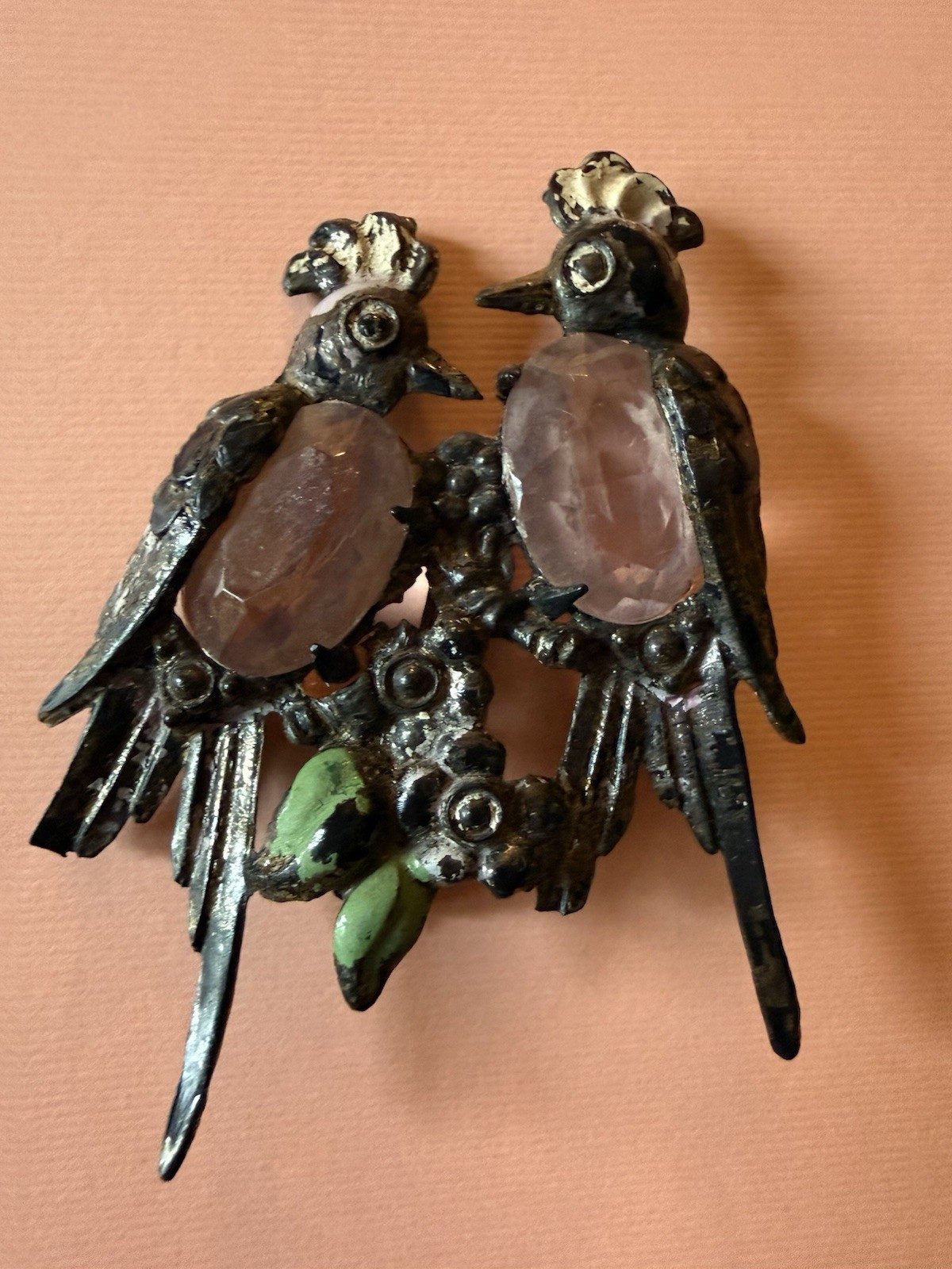 VTG 40’s Pot Metal Jelly Belly Enamel Love Birds Brooch Figural Art Nouveau