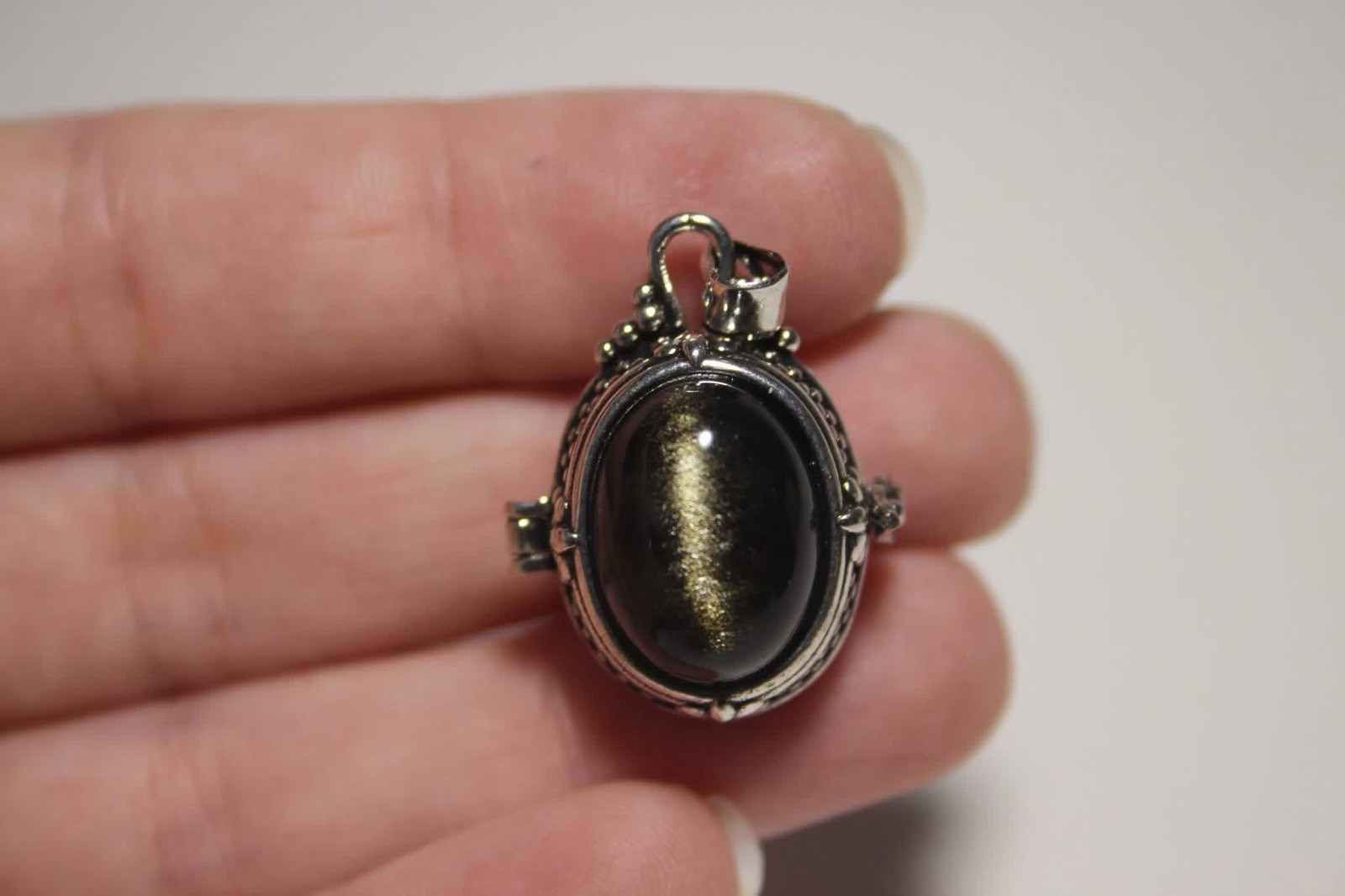 Gold Obsidian Locket Pendant, Sterling Silver Plated Poison Pendant