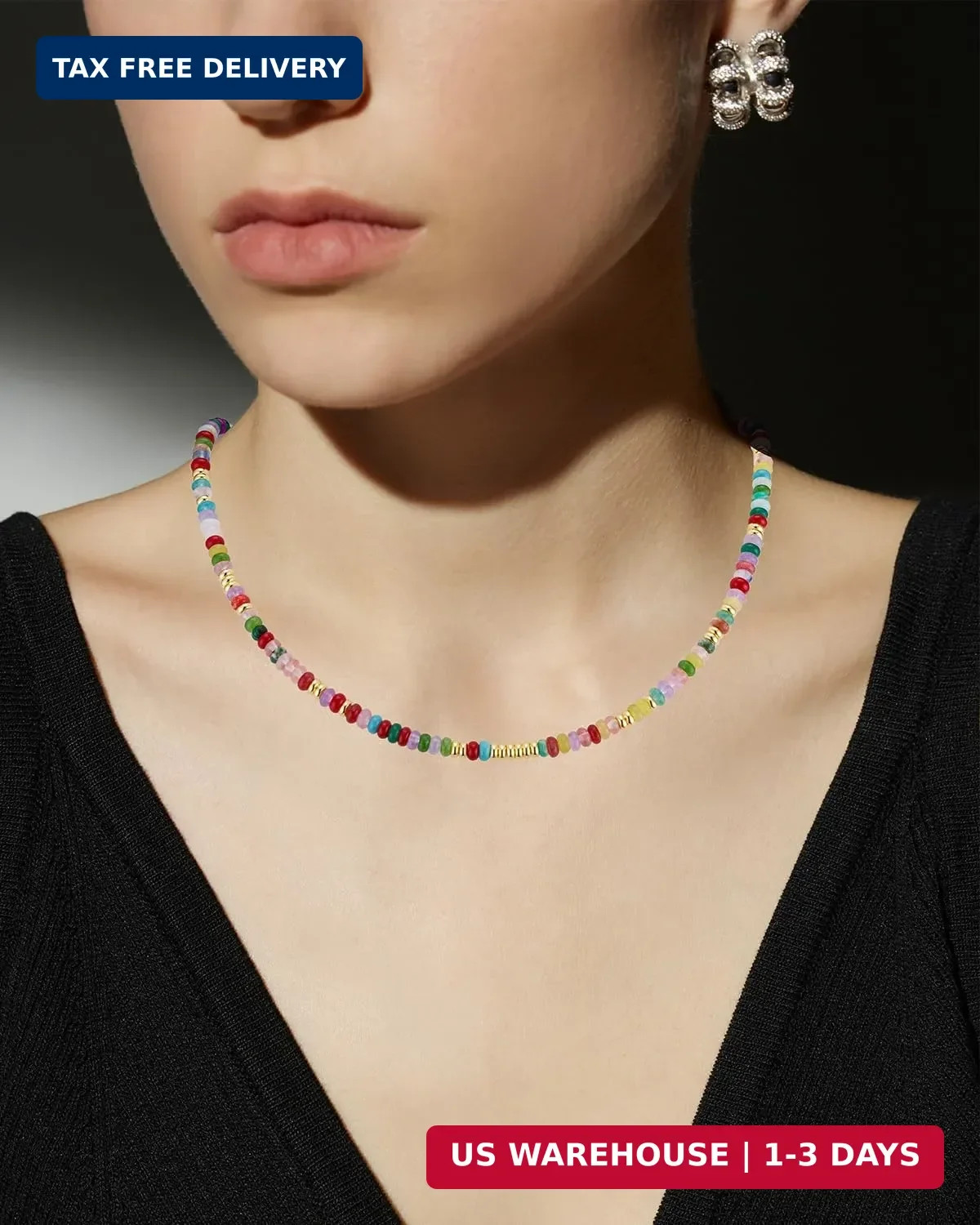 Boho Beaded Necklace for Women, Colorful Natural Stone Choker Necklace, 4MM