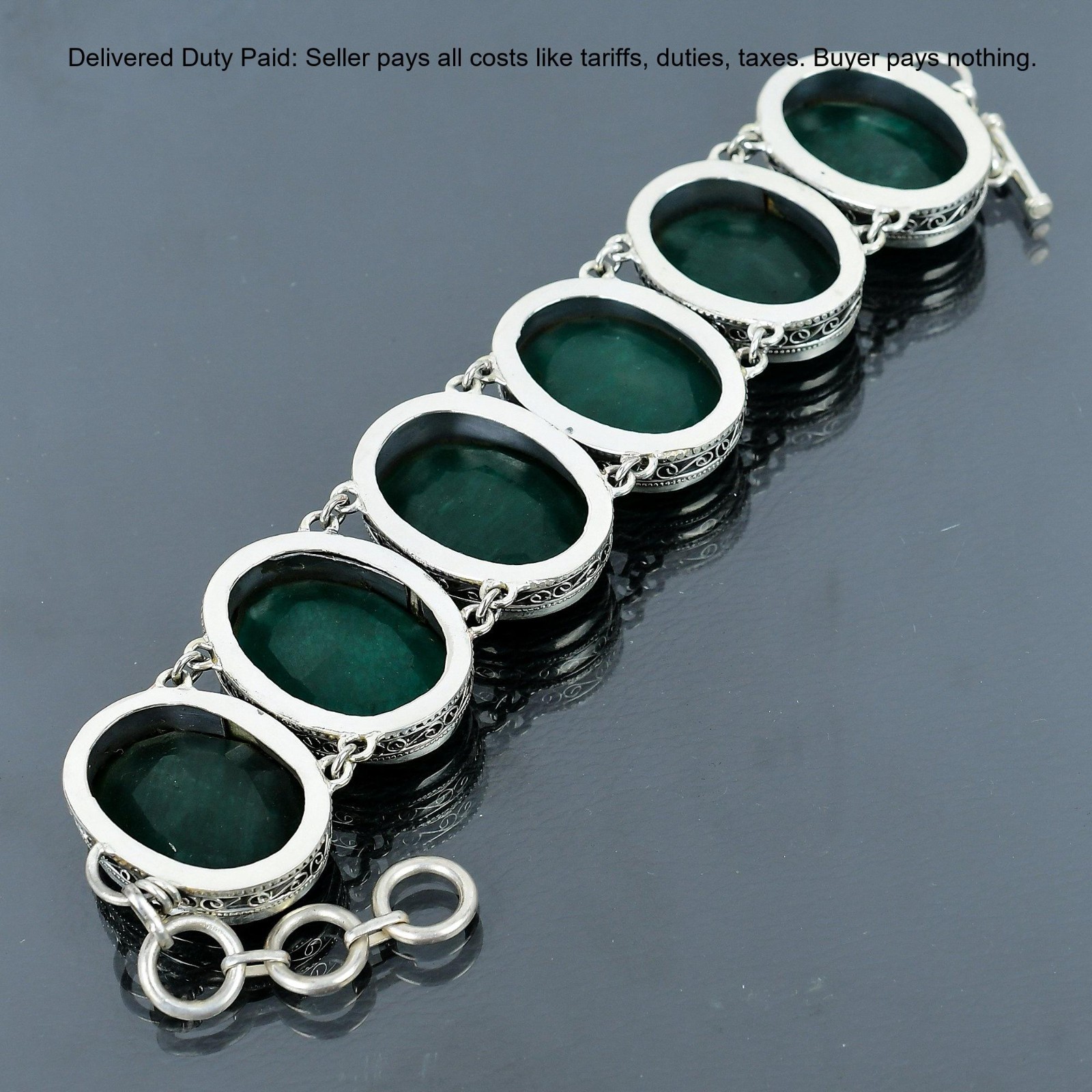 925 Sterling Silver Oval Natural Zambian Emrald New Vintage Wife Chain Bracelet