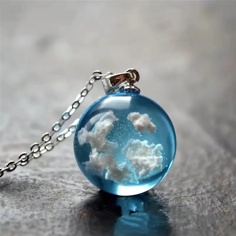 New Blue Sky White Cloud Transparent Ball Shape Resin Pendant Necklace Jewelry