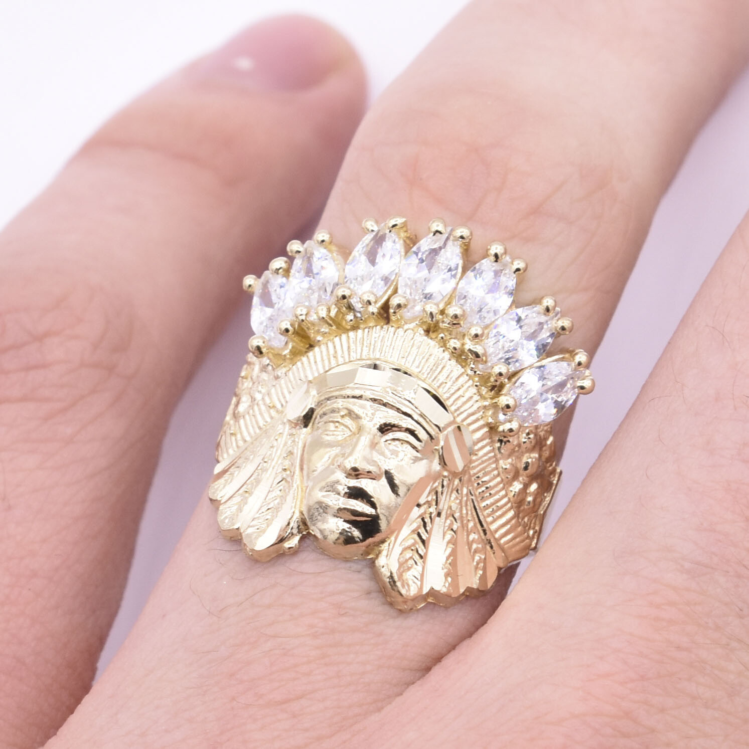 Men’s Native American Indian Head All White CZ Solid 10K Yellow Gold ALL SIZES