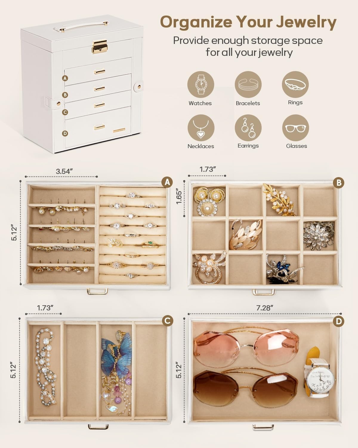 Stylish Jewelry and Watch Organizer – White Faux Leather, Lockable Design