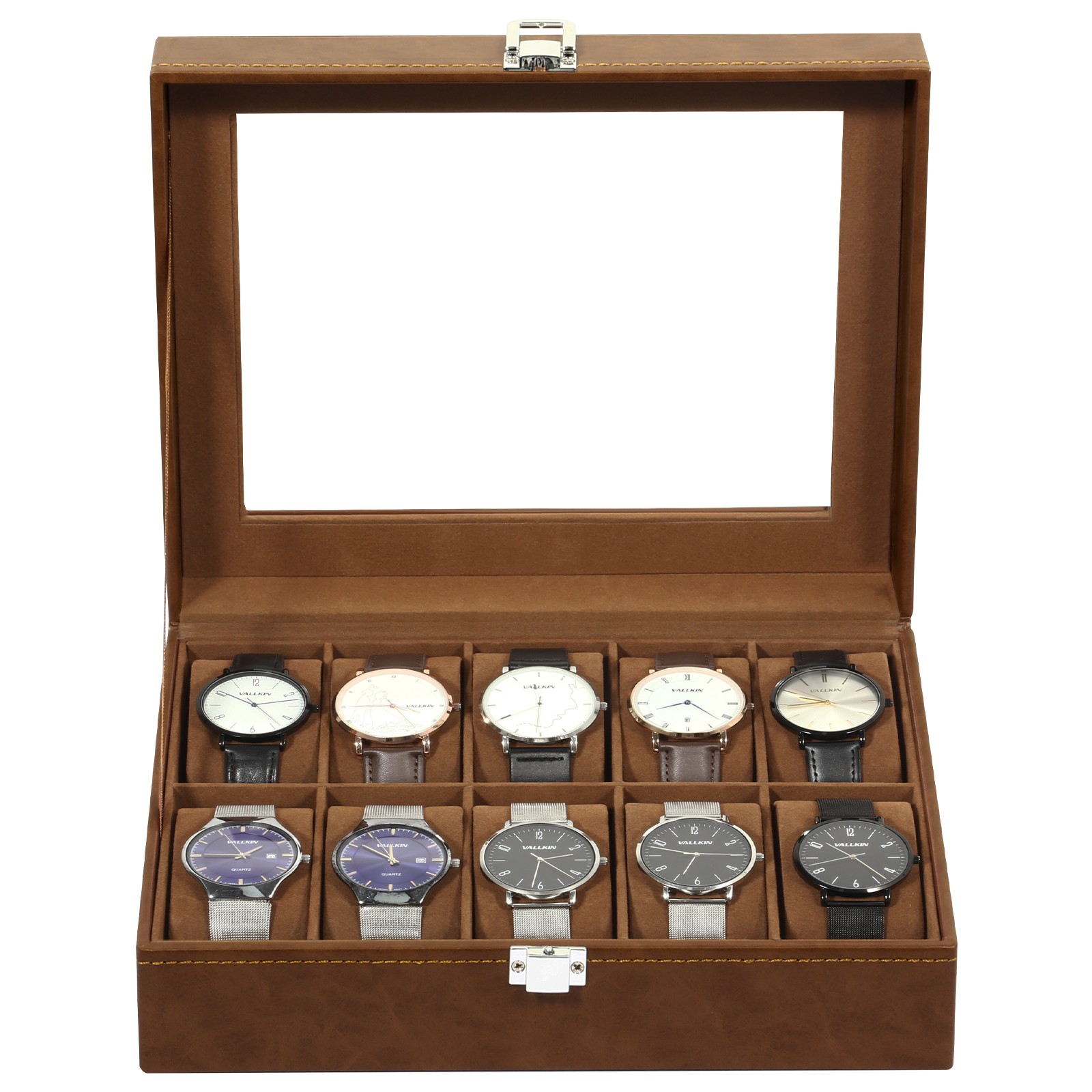 10 Slots Watch Box PU Leather Display Case Jewelry Organizer Box w/Glass Lid NEW