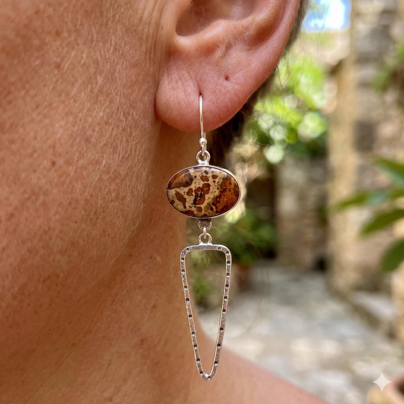 925 Silver Asteroid Jasper Daughter Handmade Dangle Art Deco Earrings Jewelry