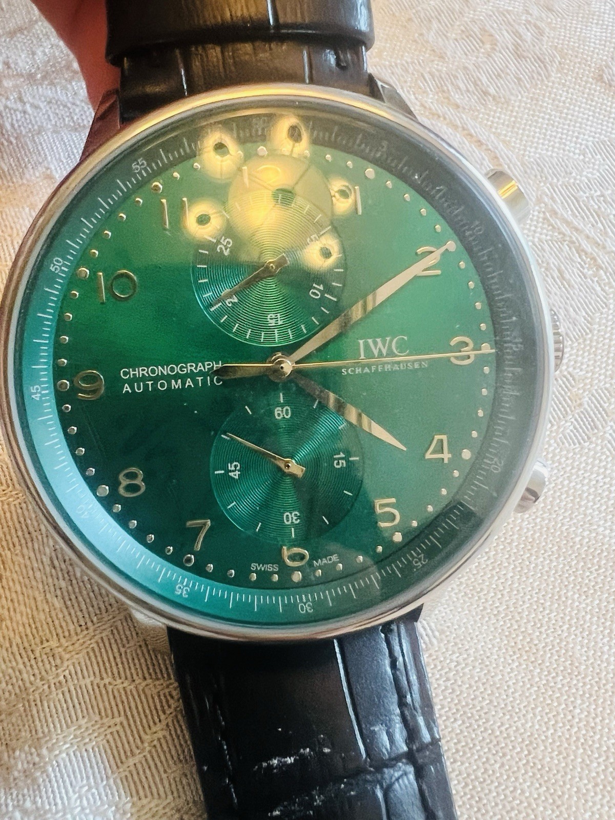 IWC Portugieser Chronograph Automatic Green Dial Black Leather 41mm 30m