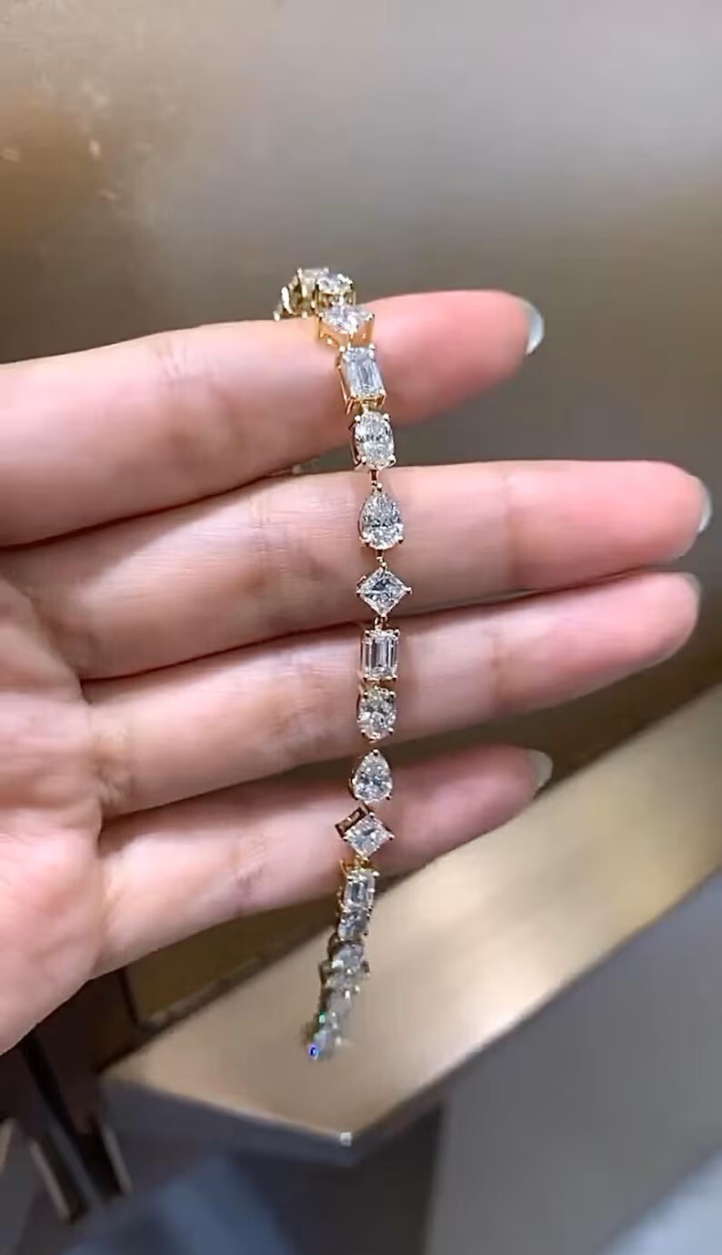 Multi Shape Link Chain Bracelet 925 Silver Lab created Moissanite gift Bracelet