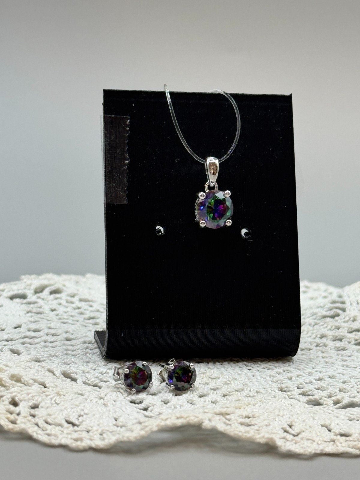 Sterling Silver Faux Mystic Topaz Glass Pendant & Post Earrings Set No Chain