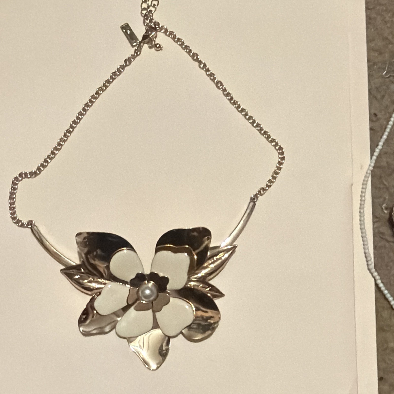Silver Tone Flower Pendant Necklace, White Enamel & Imitation Pearl, Adjustable