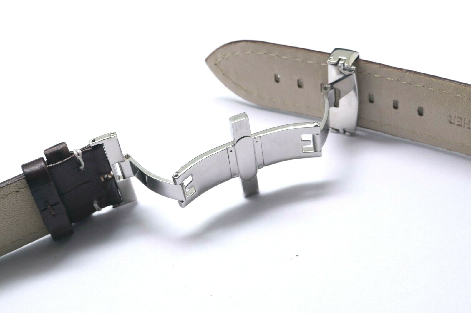 22mm Brown/White Croco Embossed Leather Watch Band Push Button Deployant Clasp