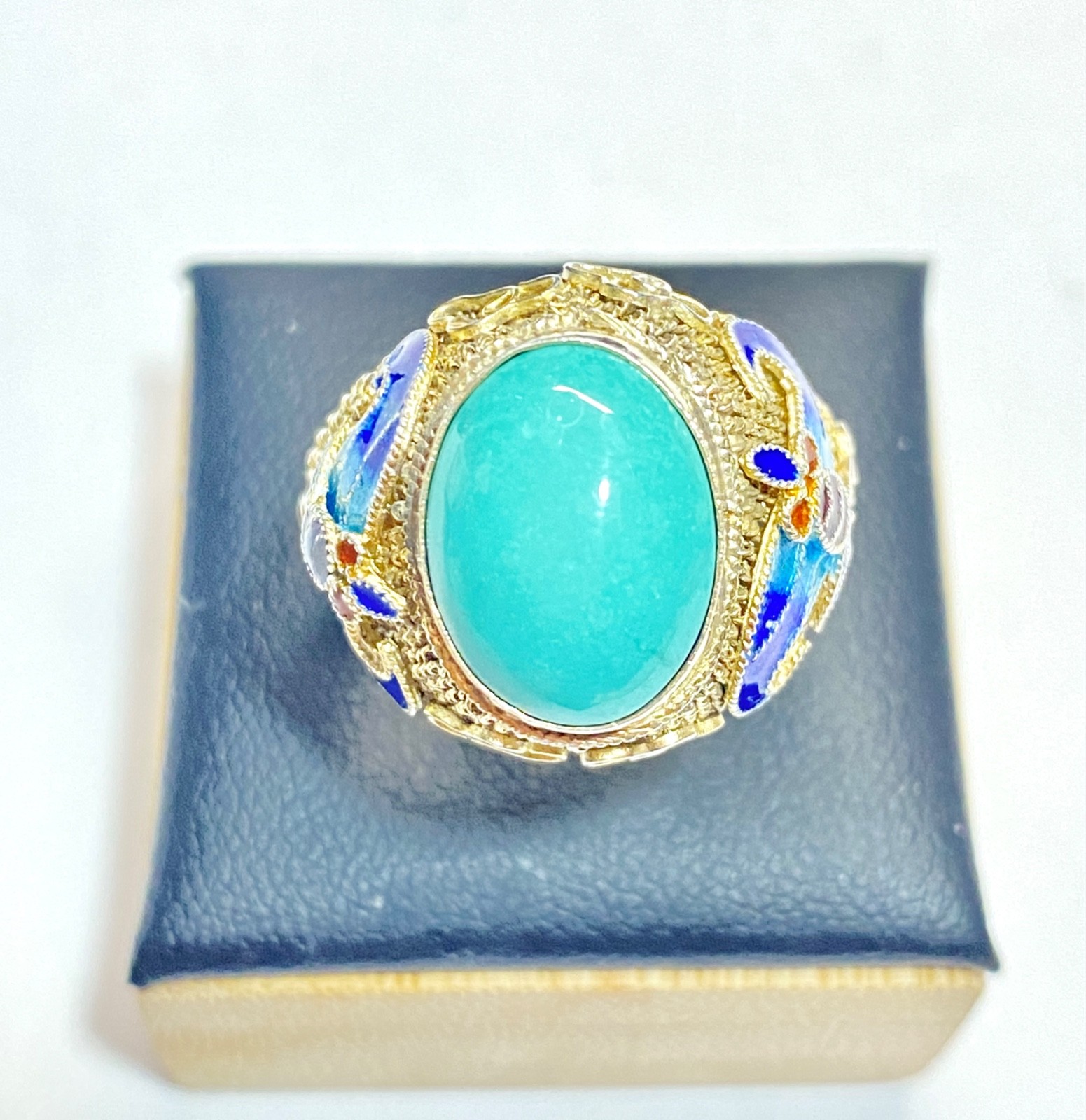 Vintage Chinese Export Silver Vermeil Turquoise & Enamel Adjustable Sized Ring
