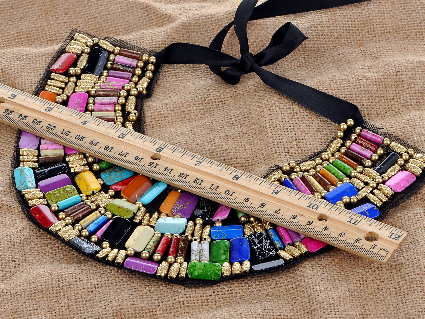 Black Tribal Large U Shaped Draped Multicolour Rainbow Beads Statement Necklace