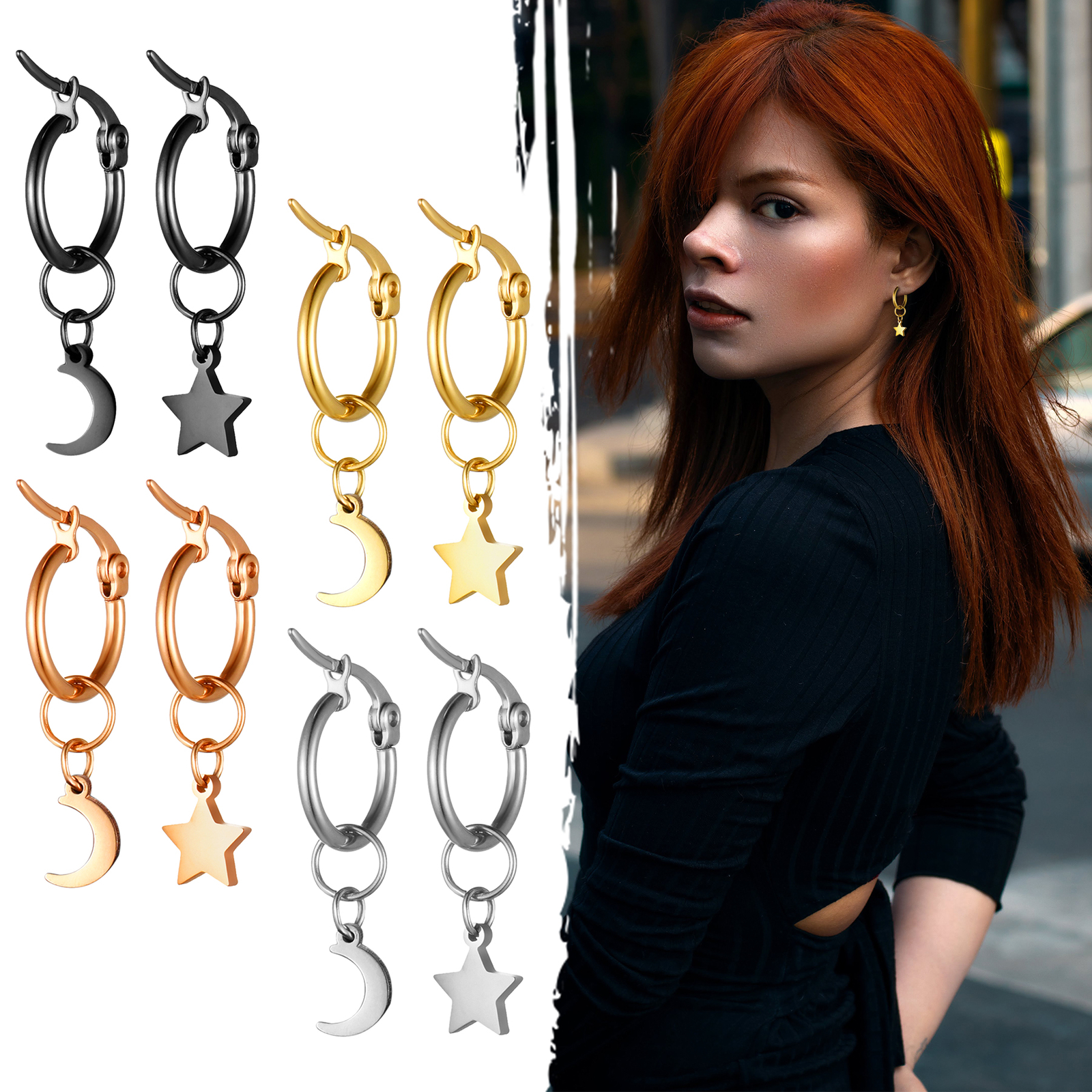 2Pcs Women Mens Stainless Steel Star Moon Asymmetrical Dangle Drop Hoop Earrings