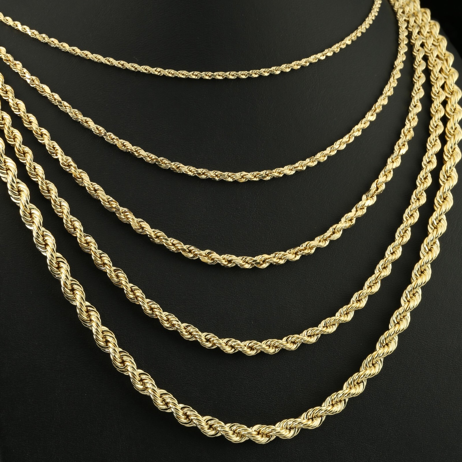 14K Solid Yellow Gold 2mm-6mm Rope Chain Italian Pendant Necklace 16″-26″ hollow
