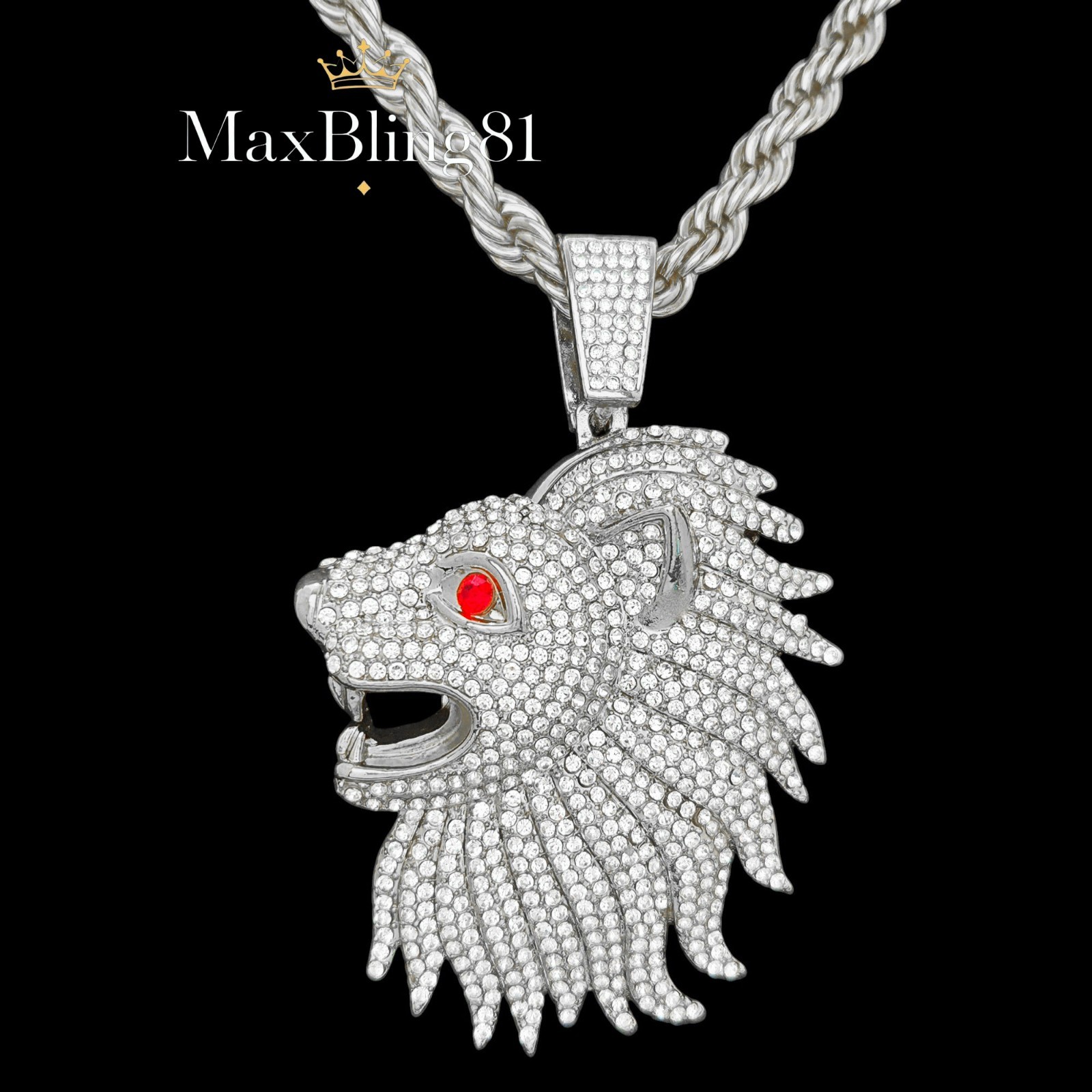 LARGE LION HEAD HIP HOP ICED GOLD PLATED CZ PENDANT 8mm 24″ ROPE CHAIN NECKLACE