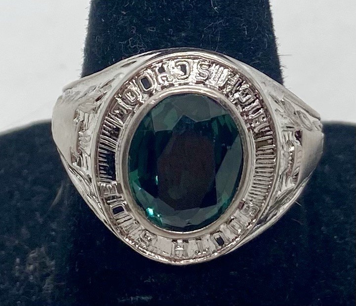 KINNEY STERLING SILVER SCHOOL RING Green Stone Size 7.5 SOUTH SIDE School – 6.6g