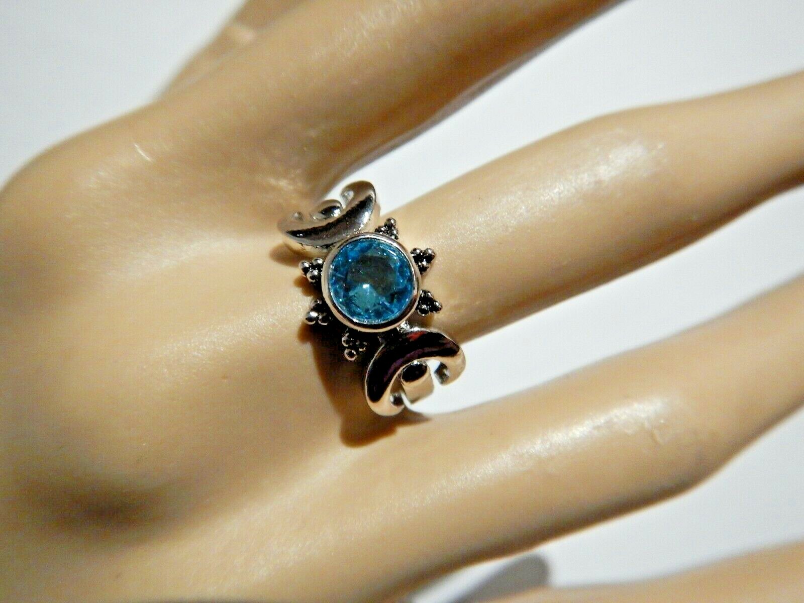 MOON PHASE RING silvertone blue crystal stone full & crescent Wiccan Pagan V3