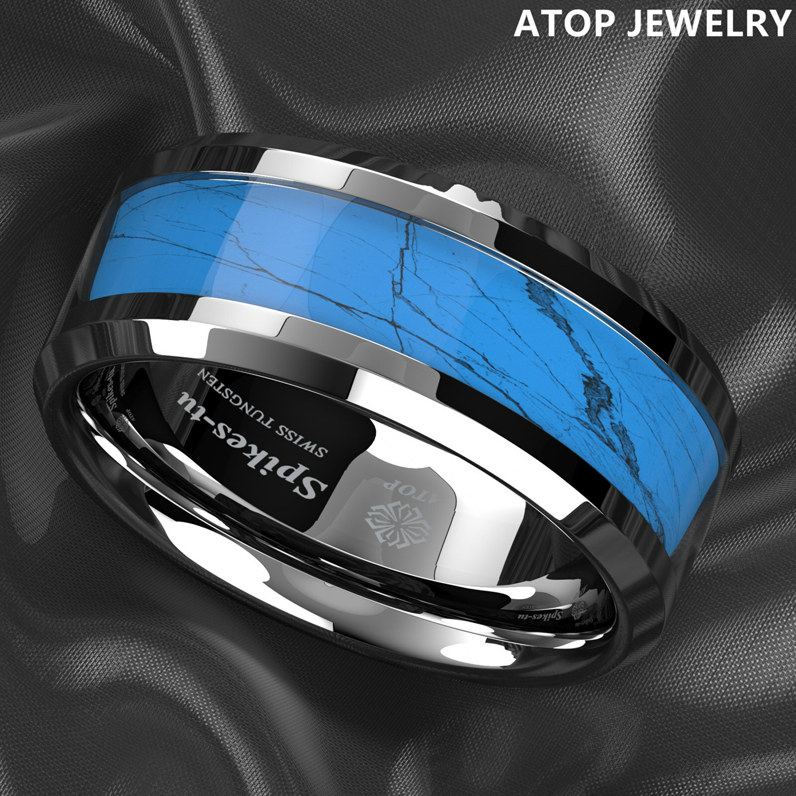 8mm Silver Edge Tungsten Carbide Ring Manmade Turquoise Engagement Wedding Band