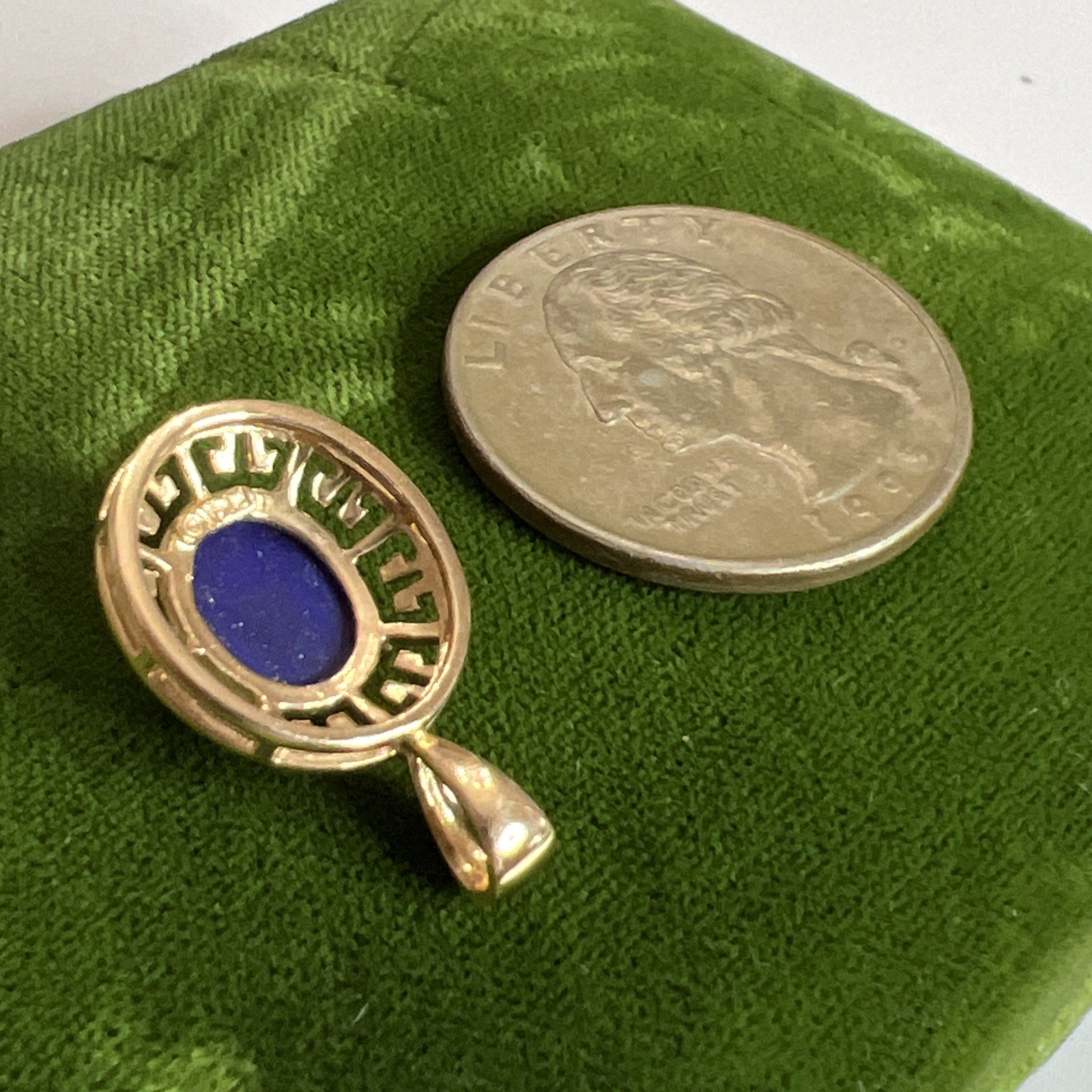 Vintage 14k Yellow Gold Lapis Lazuli Greek Key Oval Pendant
