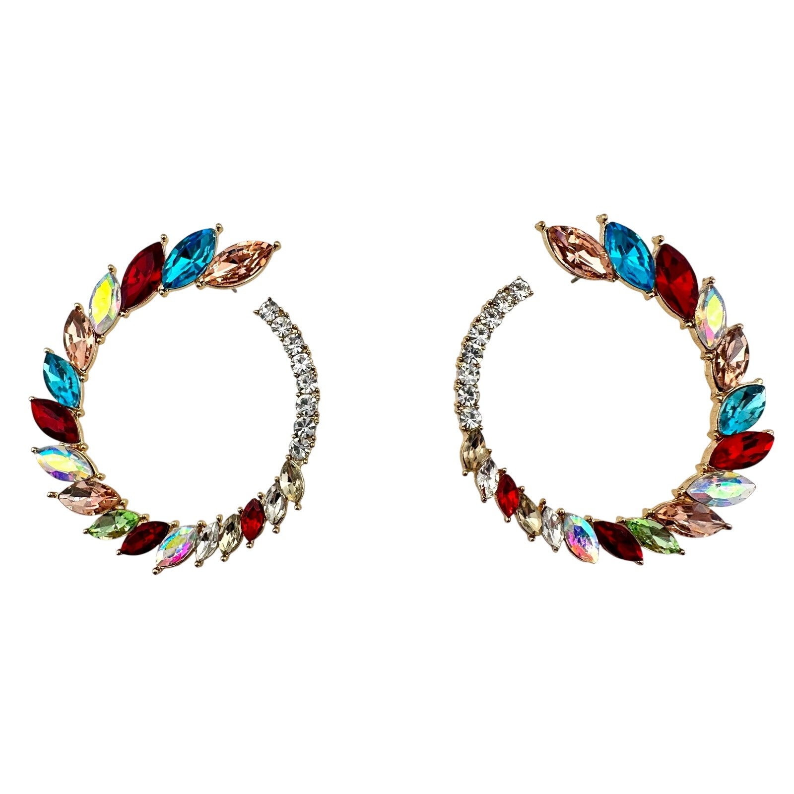 Multicolor Glass Rhinestone Marquise Extravagant Bold Gold Tone 2″ Earrings