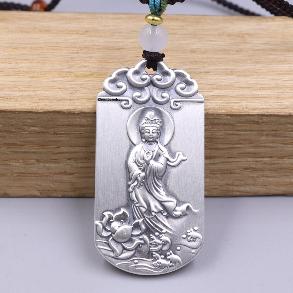 Pure 999 Fine Silver Pendant Kwan-yin Pattern 无事牌 Amulet 43mm H +Cord Necklace