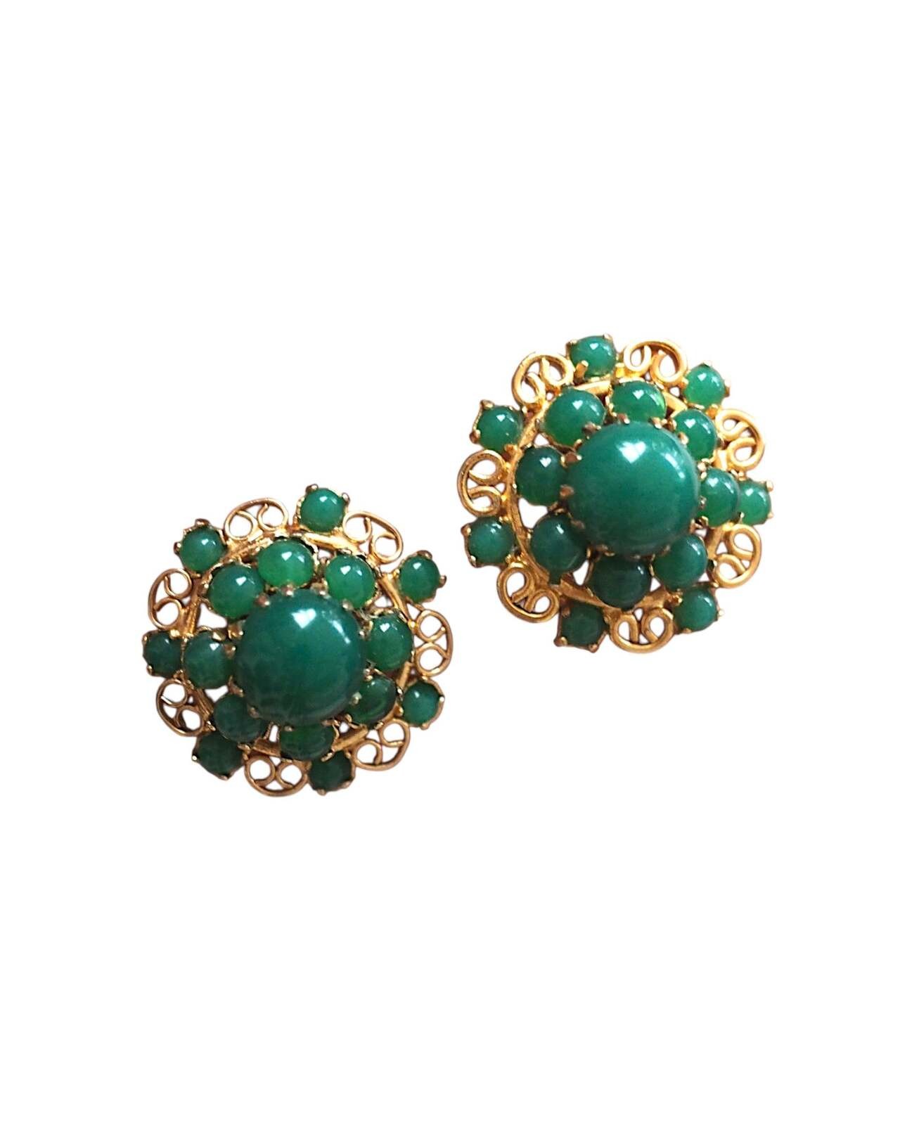 Mid-Century Gold-Tone Filigree Green Cabochon Clip-On Earrings