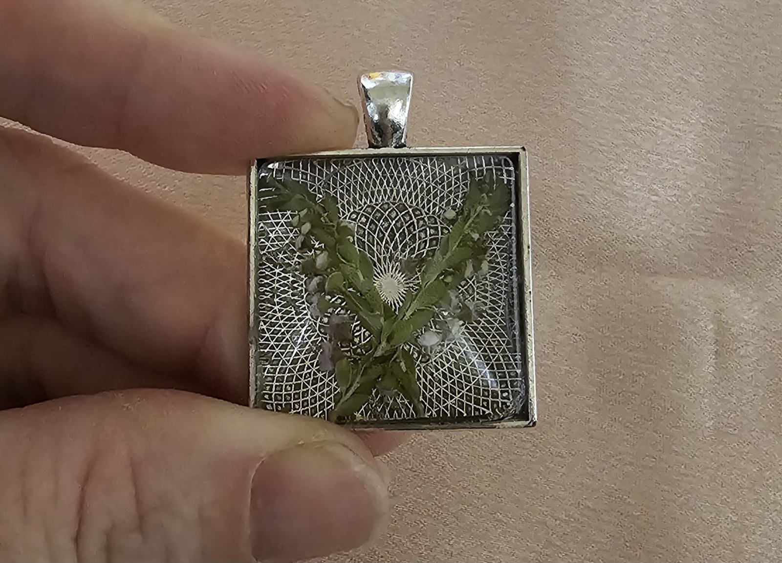 Real Flower Square Resin Pendant Pressed Botanicals on Silver Lace Doily