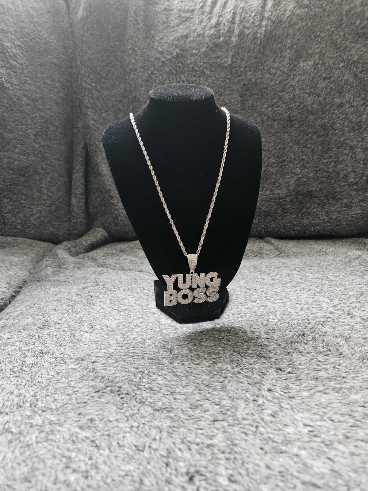 Silver Plated Rope Chain Necklace w/ Clear Crystal Pavé YUNG BOSS Text Pendant
