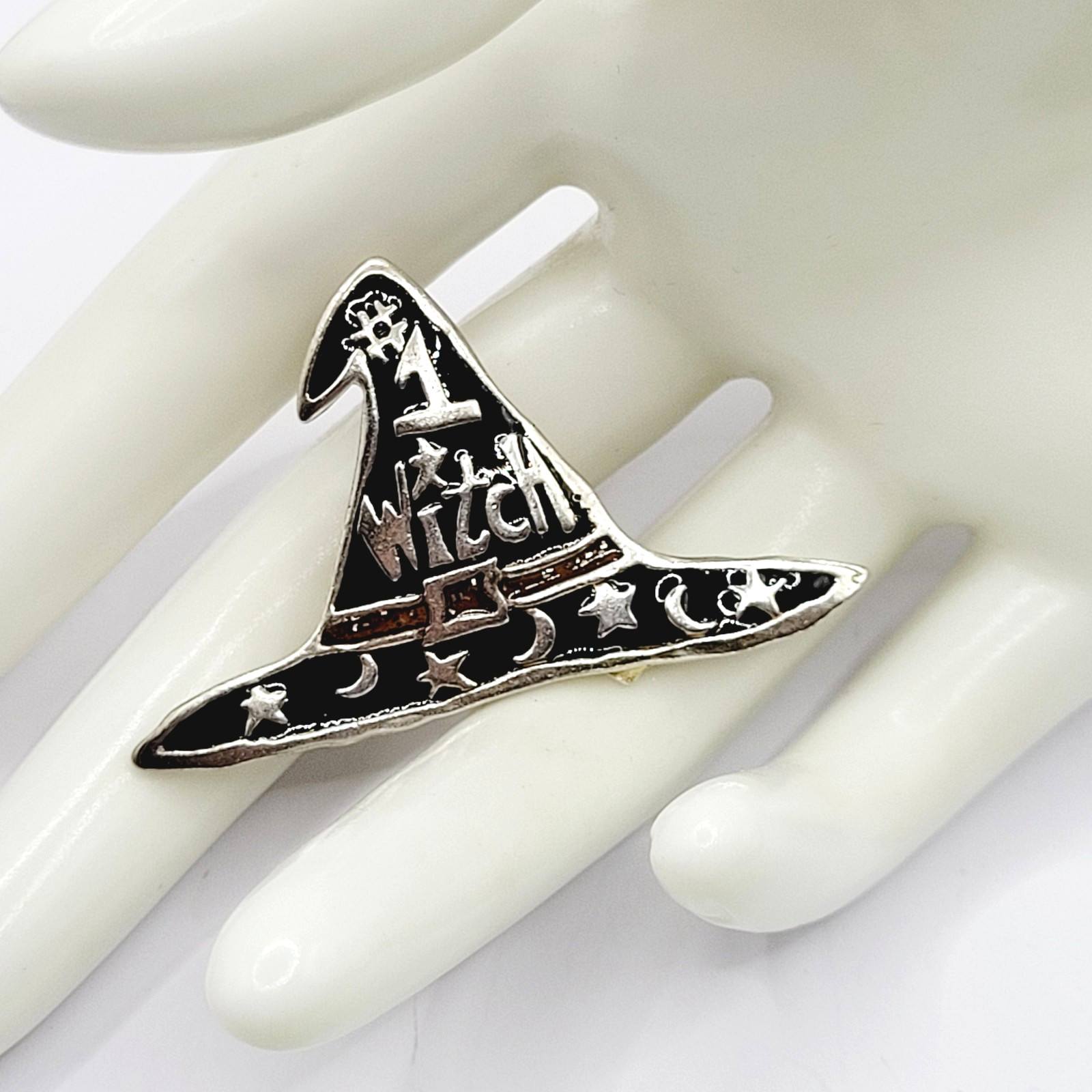 Number 1 Witch Black Witches Hat Metal and Enamel Halloween Vintage Brooch Pin