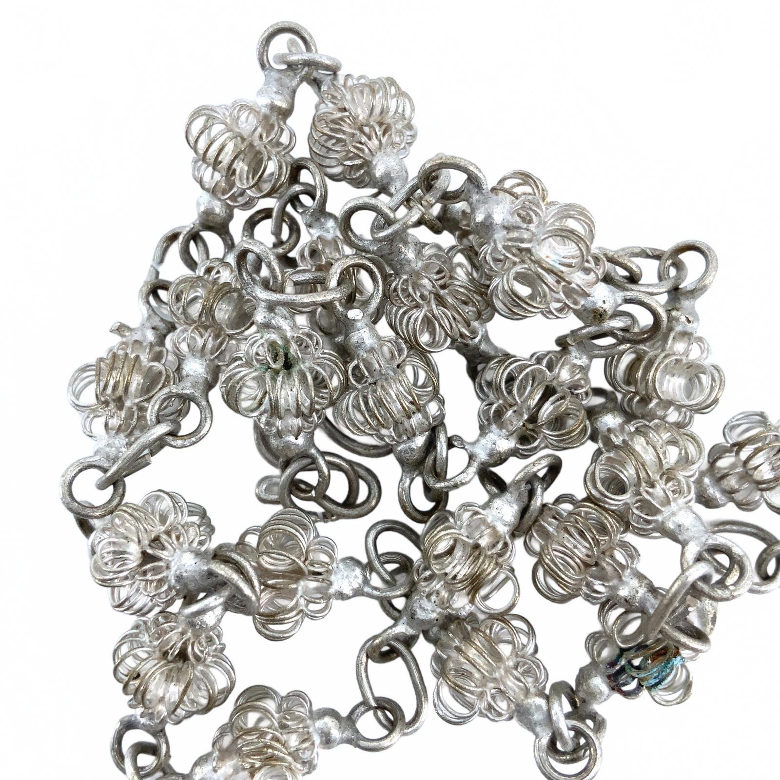 Vintage Silver Tone Filigree Wire Ball Ethnic Boho Necklace 24 Inch Long Chain