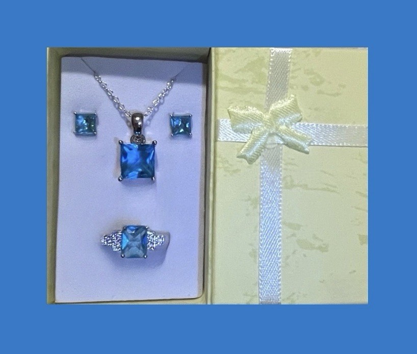 DEAL! Dazzling Sky Blue Topaz Princess Cut Necklace, Earrings, & Ring Sz 9.5 Set