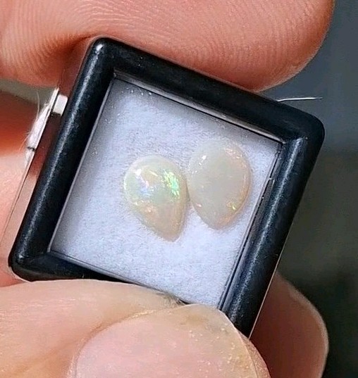 Natural Australian Lightning Ridge white Opals 5x7mm multicolour teardrop pair.