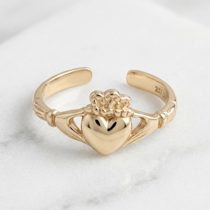 Adjustable Irish Celtic Claddagh Toe Ring REAL Solid 14K Yellow Gold