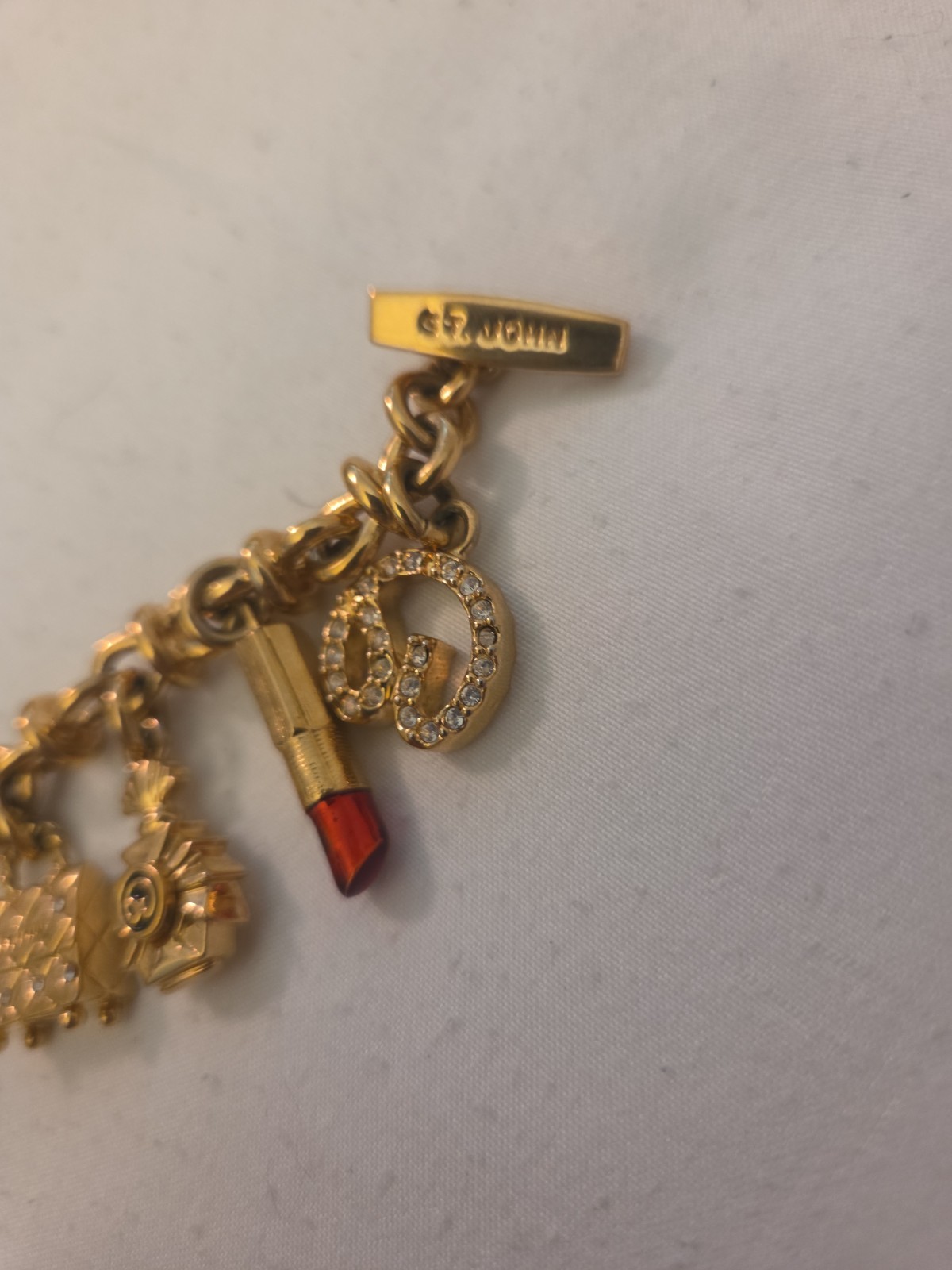 Vintage St John Charm Bracelet Crystal gold Logo Crystal Couture 9 Charm