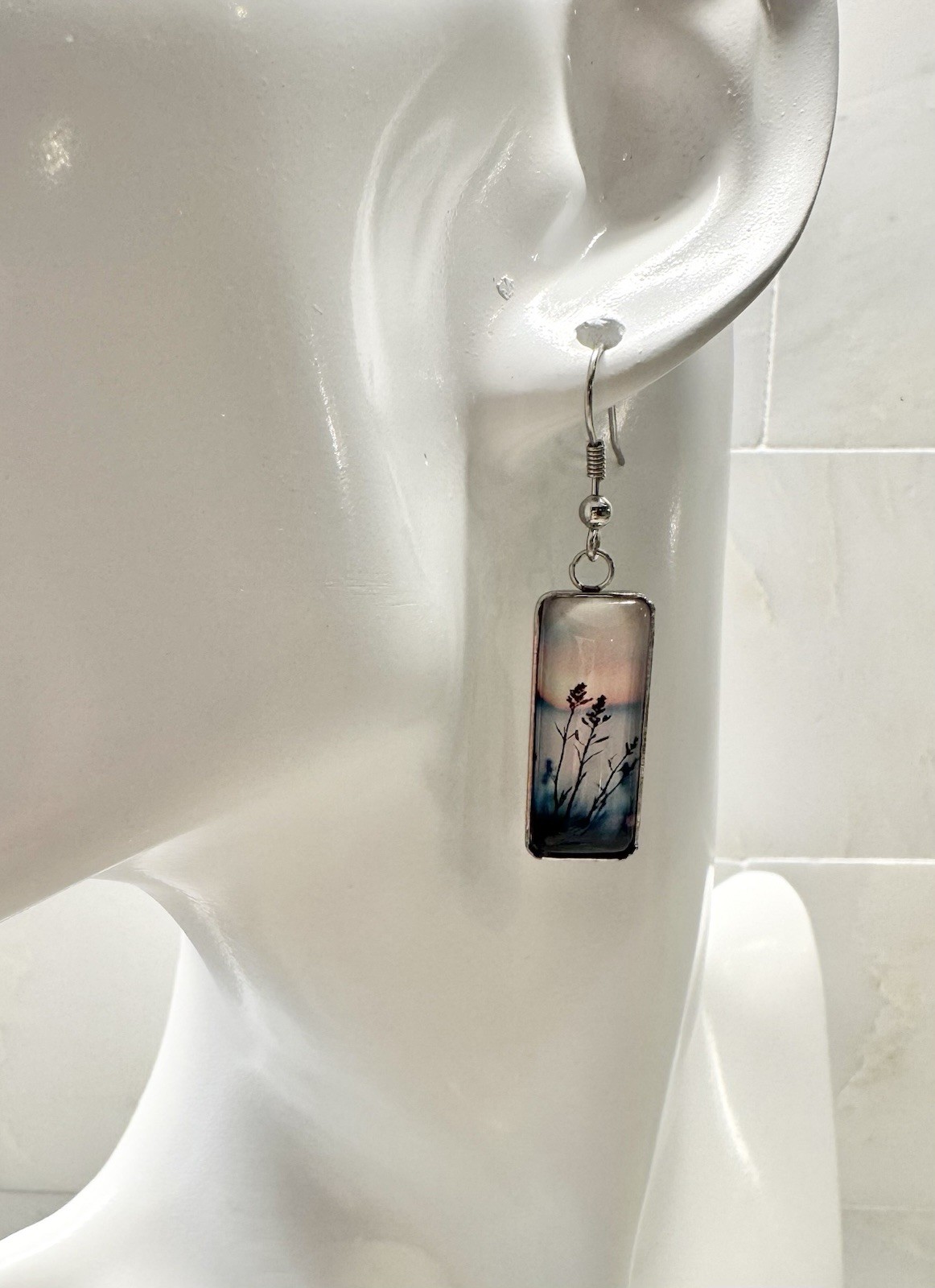 New Beach Seaside Blue Hour Sunset Rectangular Cabochon Dangle Earrings – 1.75”